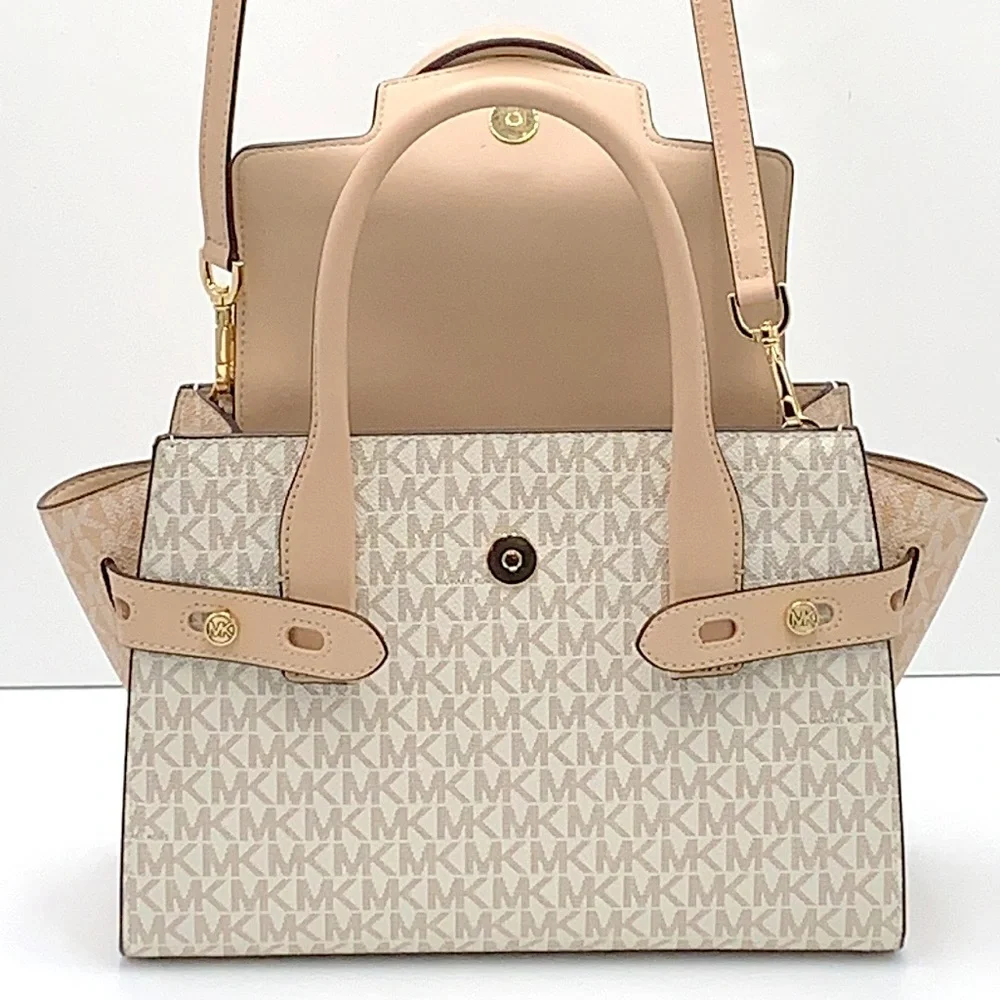 MICHAEL KORS Carmen Medium Color-Block Logo Satchel color Buff Multi